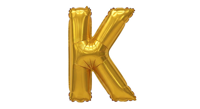 Stylish golden three-dimensional letter k with shiny metallic texture isolated on transparent background