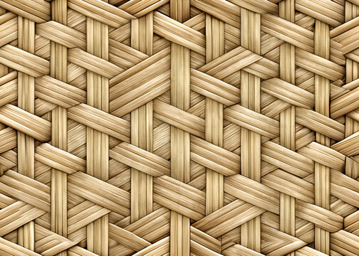 Natural woven bamboo pattern in neutral tones. Detailed close-up view of the intricate weave with a seamless repeating design.