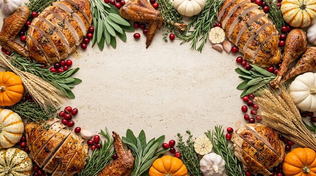 Roasted turkey breast slices and drumsticks framed with pumpkins cranberries rosemary sage herbs and wheat stalks on beige stone background for thanksgiving.