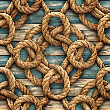 Seamless nautical rope pattern on distressed teal wooden planks. Decorative rope knots arranged in a repeating circular design against a weathered teal wooden background.