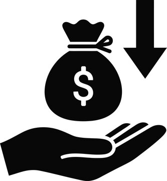 Black vector icon of a hand holding a money bag with a downward arrow signifying decreasing budget cut financial loss decrease sign