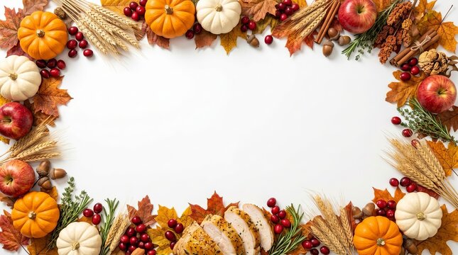 Gourmet thanksgiving turkey dinner festive arrangement with sliced roasted poultry pumpkins apples wheat cinnamon cranberries and fall maple foliage copy.