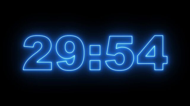 glowing neon cyan color 30 minute Countdown timer. neon 30 to 29 minute Countdown timer on black background. neon Countdown timer from 30 minute to 29 minute suitable for presentations, educational
