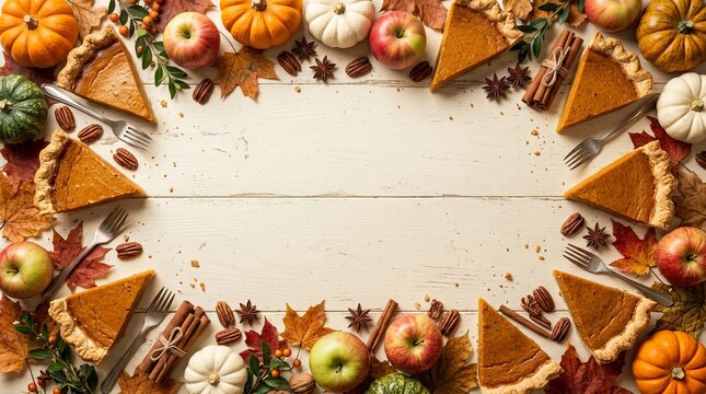 Thanksgiving pie frame with apple pumpkin slices and forks on light white wooden background for festive holiday dinner menu or creative greeting cards.