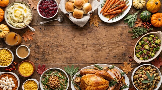 Comprehensive thanksgiving dinner spread frame with whole roasted turkey multiple side dishes and pumpkins on wood table for holiday food marketing.