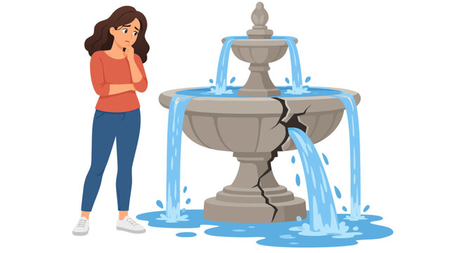 Worried young woman standing beside large cracked garden fountain with water leaking and spilling out, broken maintenance problem illustration in bold flat cartoon style isolated on white