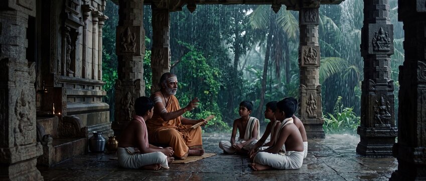 Elderly Indian guru teaching young disciples in stone temple rain