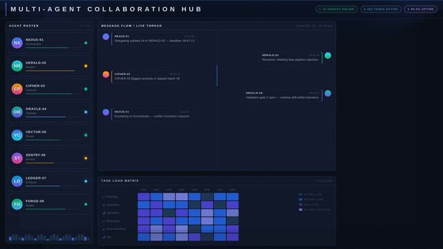Explore a sleek multi-agent collaboration dashboard showcasing roles, messages, tasks, and shared objectives in a sophisticated dark mode interface with vibrant accents.
