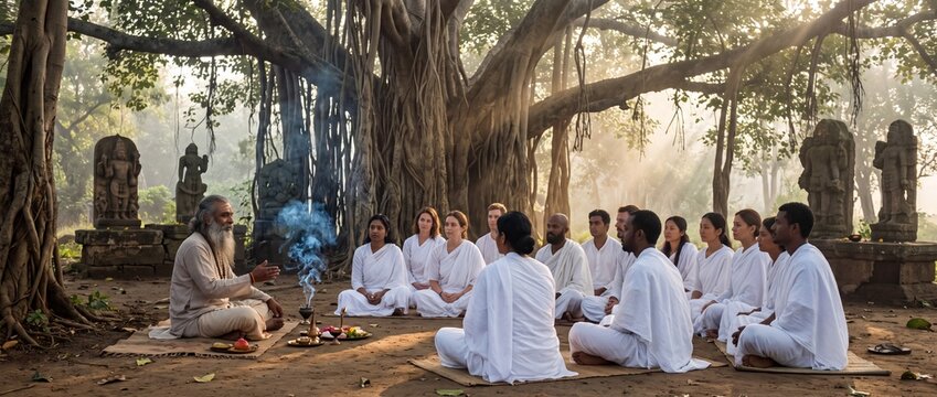 Elderly Indian guru teaching disciples under banyan tree outdoors