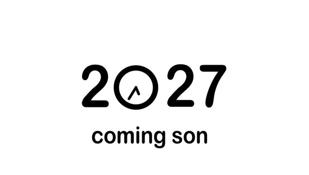 2027 Coming Soon New Year Animation with Bright Numbers and Clock Face Inside Zero, Time Passage and Countdown Concept, Modern Typography Motion Graphics on Clean White Background