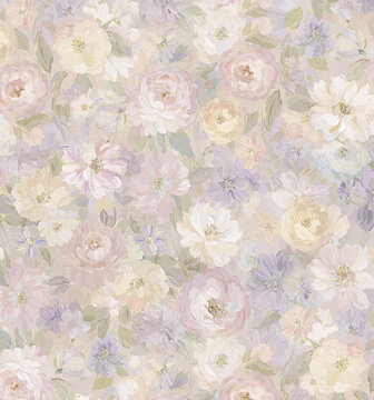 Set of soft watercolor floral seamless patterns in pastel muted tones