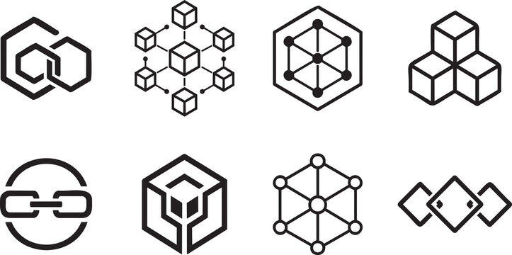 A grid of minimalist logos using blockchain technology as the core concept set of icons
