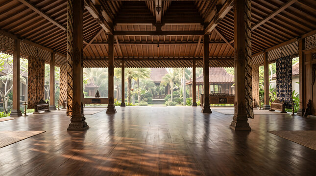 Spacious open air wooden joglo pavilion with polished floor and carved pillars overlooking tropical resort garden