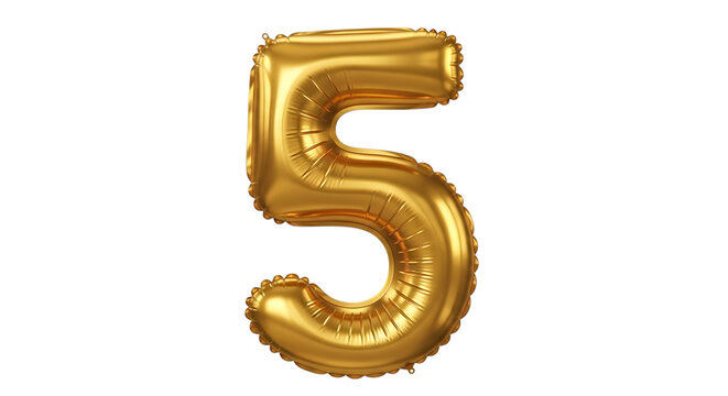 Shiny golden number five ball with reflective surface and 3d glow effect isolated on transparent background