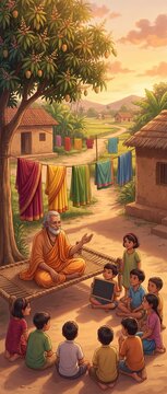 Elderly Indian guru teaching young children under mango tree in village at sunset