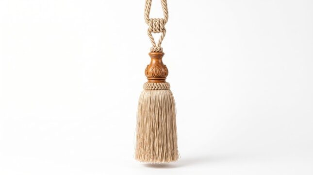 Decorative beige fabric curtain tassel with a carved wooden top detail
