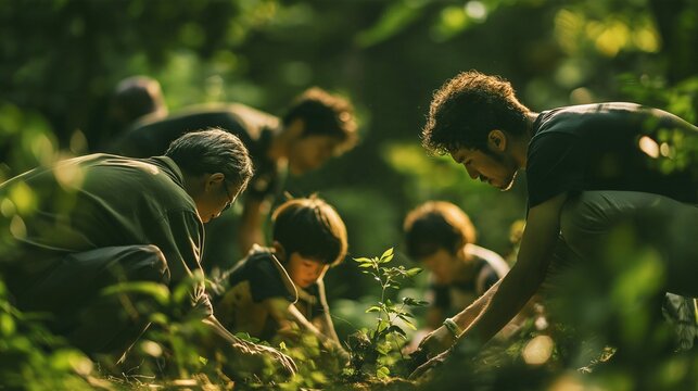 Environmental Conservation and Volunteers of All Ages Participating in Tree-Planting Activities in the Forest