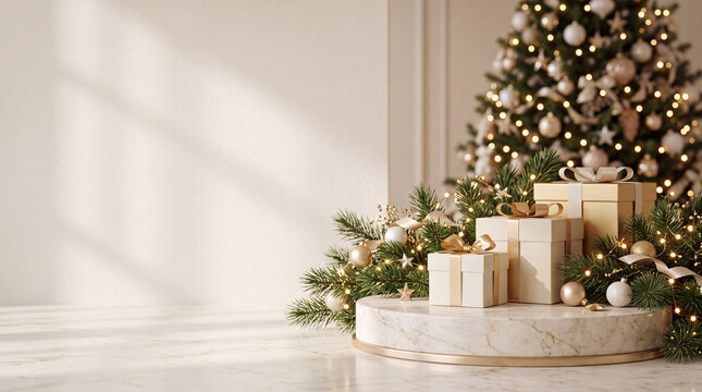 Elegant Christmas Tree and Gift Boxes on Marble Podium with Copy Space