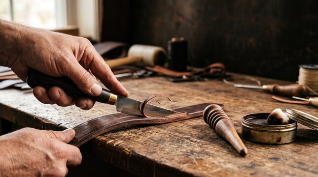 Hands cutting leather with knife on rustic table
