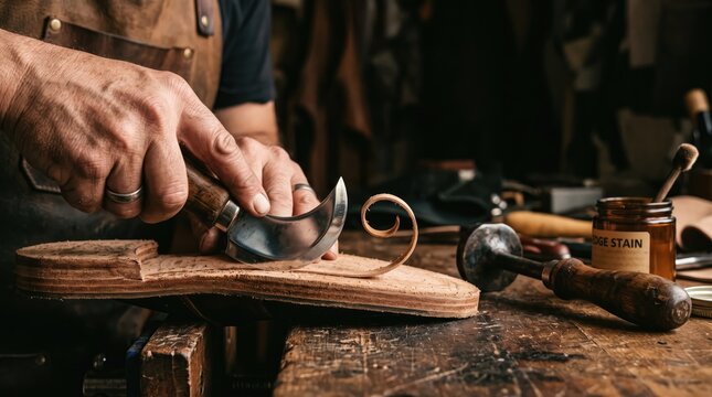 Hands using chisel to shape wood edge on rustic workbench