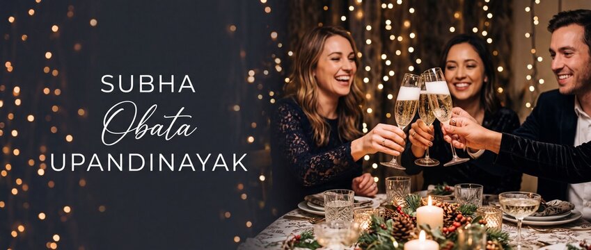 Friends celebrating birthday party toast with champagne glasses during festive dinner with warm lights banner design template with Subha Obata Upandinayak Sinhala greeting text for celebration