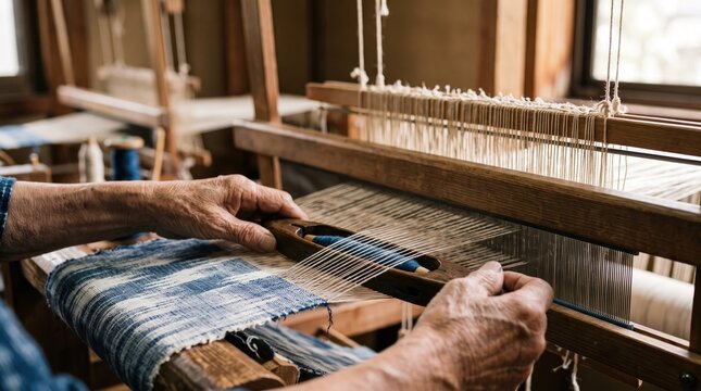 Photorealistic macro shot of hands threading a loom with blue and white fabric