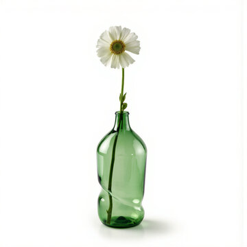 Recycled plastic vase. A translucent green plastic bottle cut and reshaped holds a wildflower (Papaver nudicaule), isolated on a white