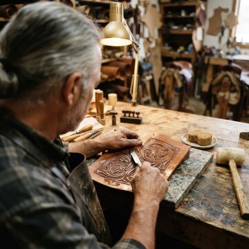 Older artisan carving leather with precision in cluttered workshop