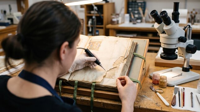 Scientist restores old book using tools under bright lighting