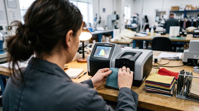 Person scans textile sample using device