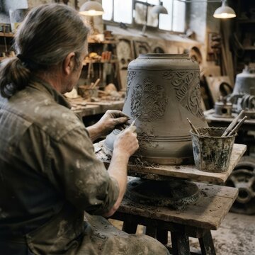 Close-up of artisan working on large ceramic piece in workshop setting