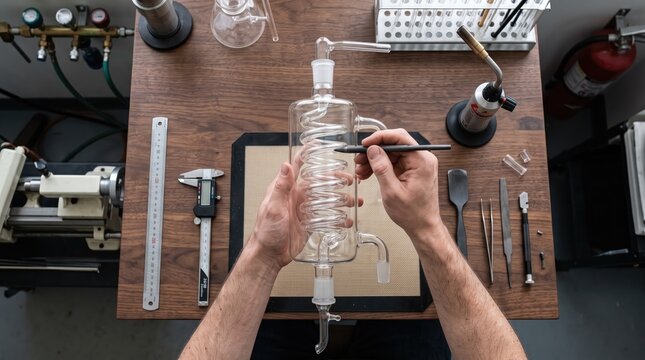 Top-down shot of person handling glass distillation setup