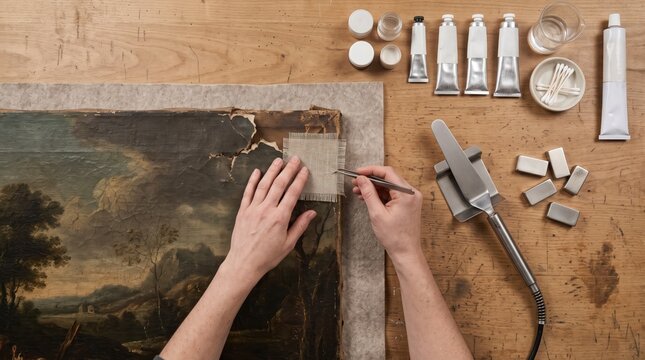 Hands restore aged artwork using specialized tools