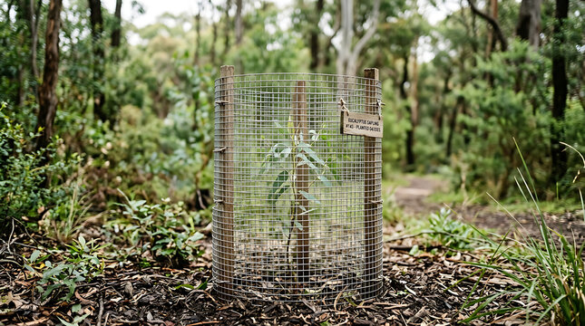 A small eucalyptus sapling growing inside a protective wire mesh cage in a forest