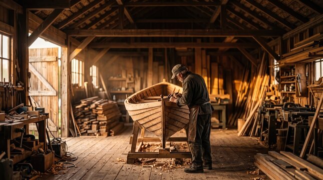 Woodworker sands boat hull in sunlit, cluttered workshop