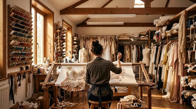 Designer working on clothing patterns in detailed, well-lit workshop