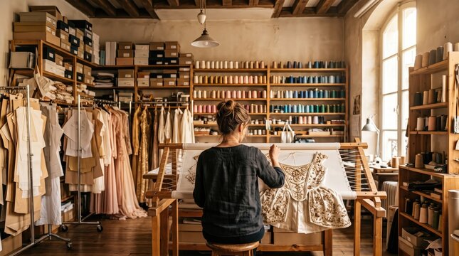 Behind view of woman designing fabric in a cluttered fashion studio