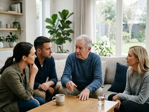 Senior Man Sharing Life Experience and Wisdom with His Adult Children in a Bright Living Room During a Serious Family Discussion at Home