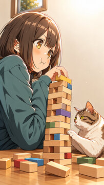 Anime character building a wooden block tower beside a cat，猫のそばで木製ブロックの塔を作るアニメキャラクター