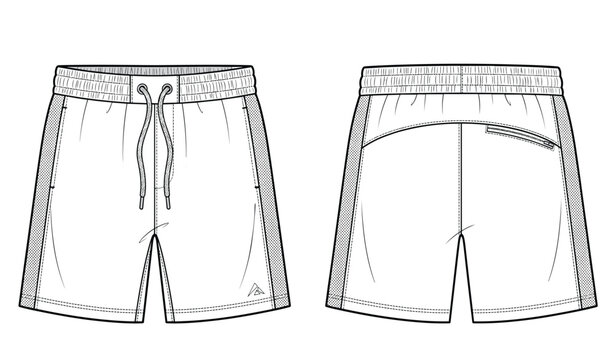 Men's athletic drawstring shorts flat sketch front and back view with mesh side panels technical illustration