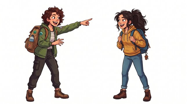 Two young women with backpacks hiking and exploring, one pointing at something exciting while the other listens, isolated on white background