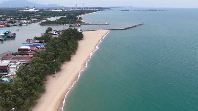 Aerial View of Coastal Beach and Harbor in Rayong Thailand