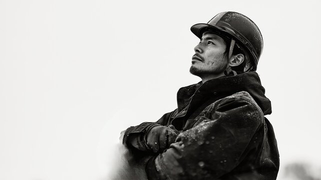 A male worker wearing a helmet and looking up at the sky (black and white, work clothes)
