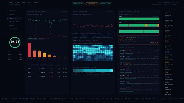 Explore a dynamic payment gateway performance dashboard showcasing authorization rates, latency metrics, and outage monitoring in a sleek dark mode interface with real-time data.