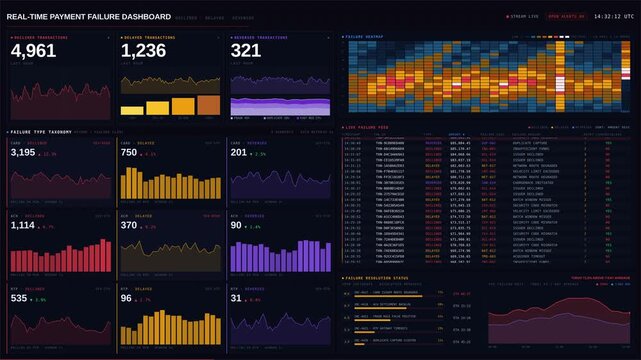 Experience a premium dark mode real-time payment failure dashboard highlighting declined, delayed, and reversed transactions with urgent visual cues and analytical clarity.