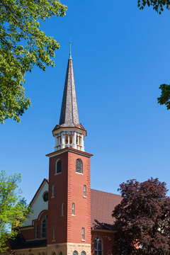 historic church tower and octagonal steeple in owatonna minnesota