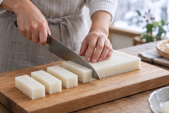 Hands cutting a slab of Japanese noshi mochi into rectangular kiri mochi pieces for New Year cooking