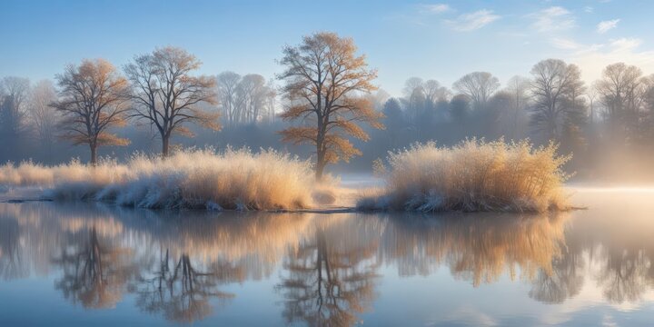 Frosty reeds in morning fog emerging slowly from icy waters , reeds, frosty trees