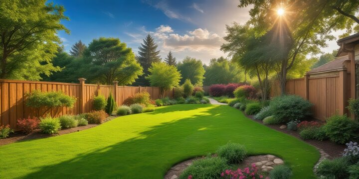 A serene summer afternoon in a lush green backyard with vibrant plants surrounding a wooden fence and a rolling lawn, inviting relaxation and tranquility , serene atmosphere, outdoor haven