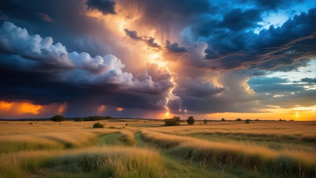 A dramatic lightning storm illuminates a vast open field in Oklahoma at dusk with tall grass and wildflowers swaying in the wind, natural wonder, rural america